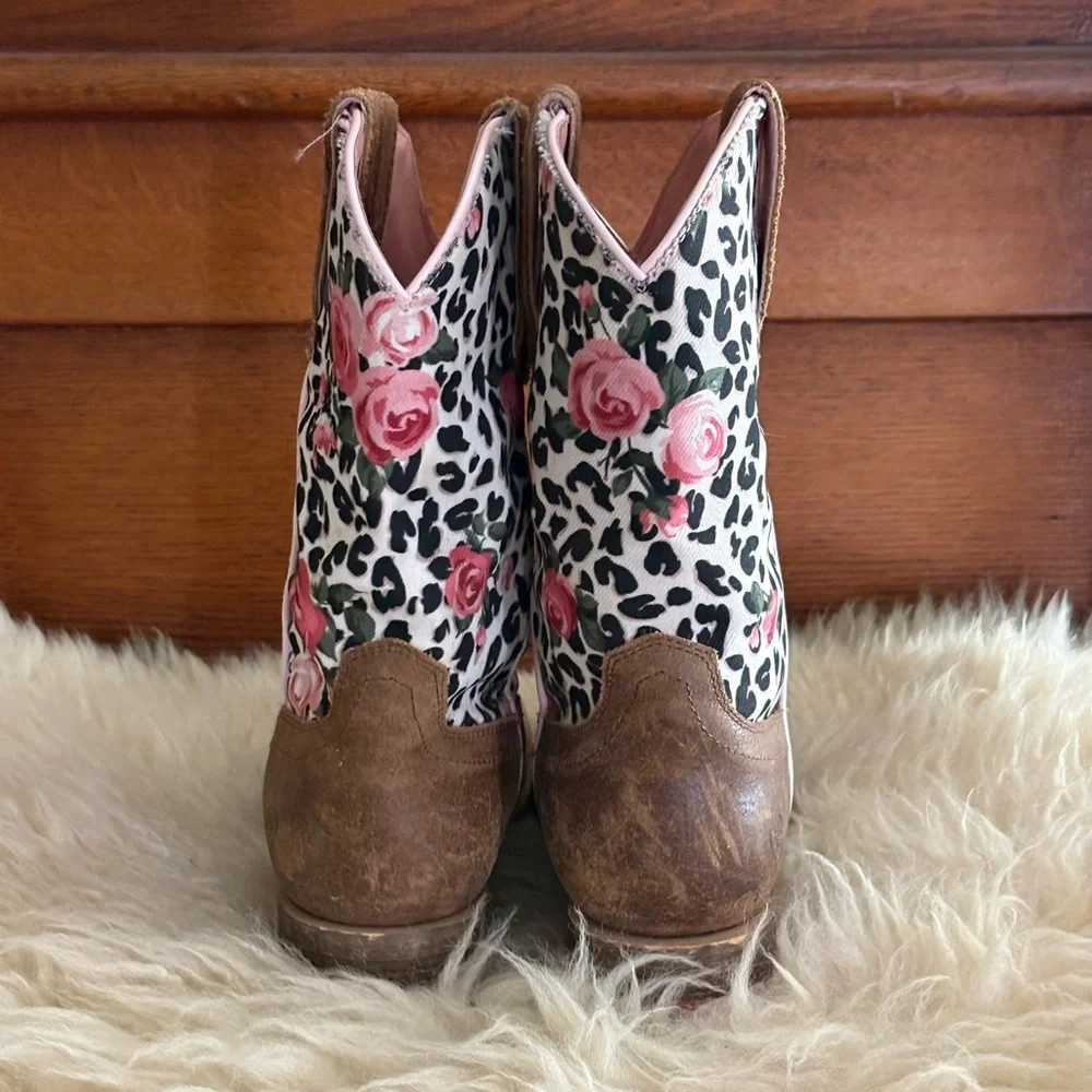 Ariat Kids Gringa Toddler Western Brown Leather Leopard and Rose Print Boots